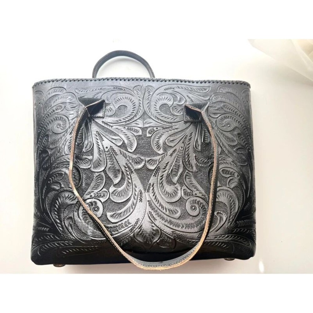 Black Tooled Leather Handbag Mexico Western Floral Vintage Style Used Distressed